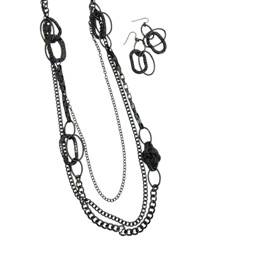 Vintage Y2K premier designs gunmetal chains statement necklace and earrings set